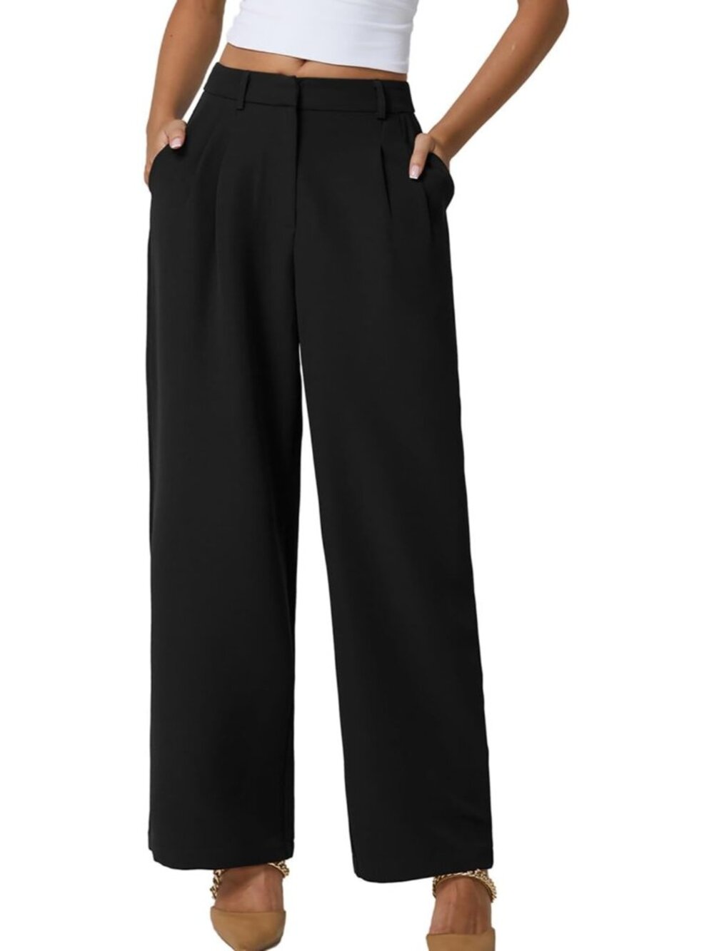 Women's Black High Waisted Wrinkle Free Wide Leg Casual Slack Dress Pants